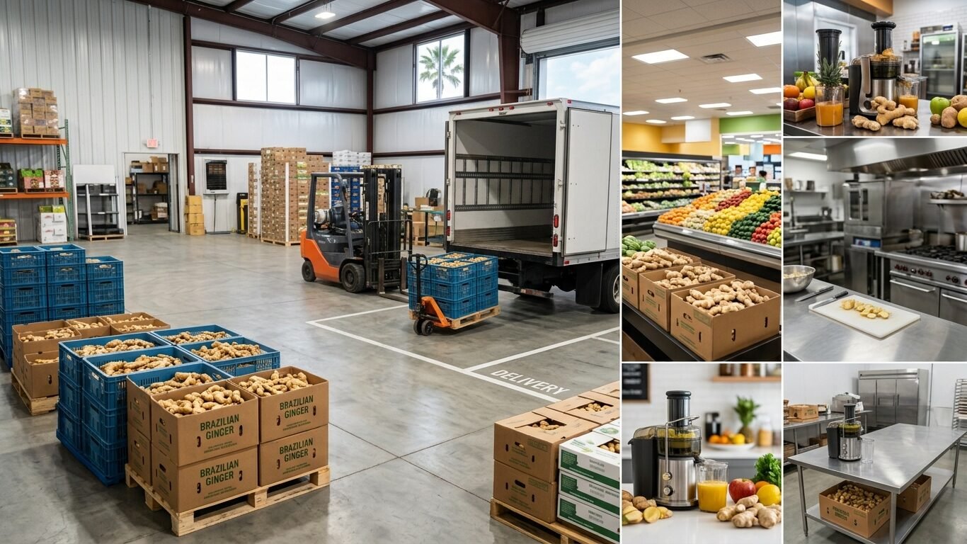 Bulk Brazilian ginger prepared for delivery by Brazilian Ginger Wholesalers in Orlando, FL to restaurants and retailers
