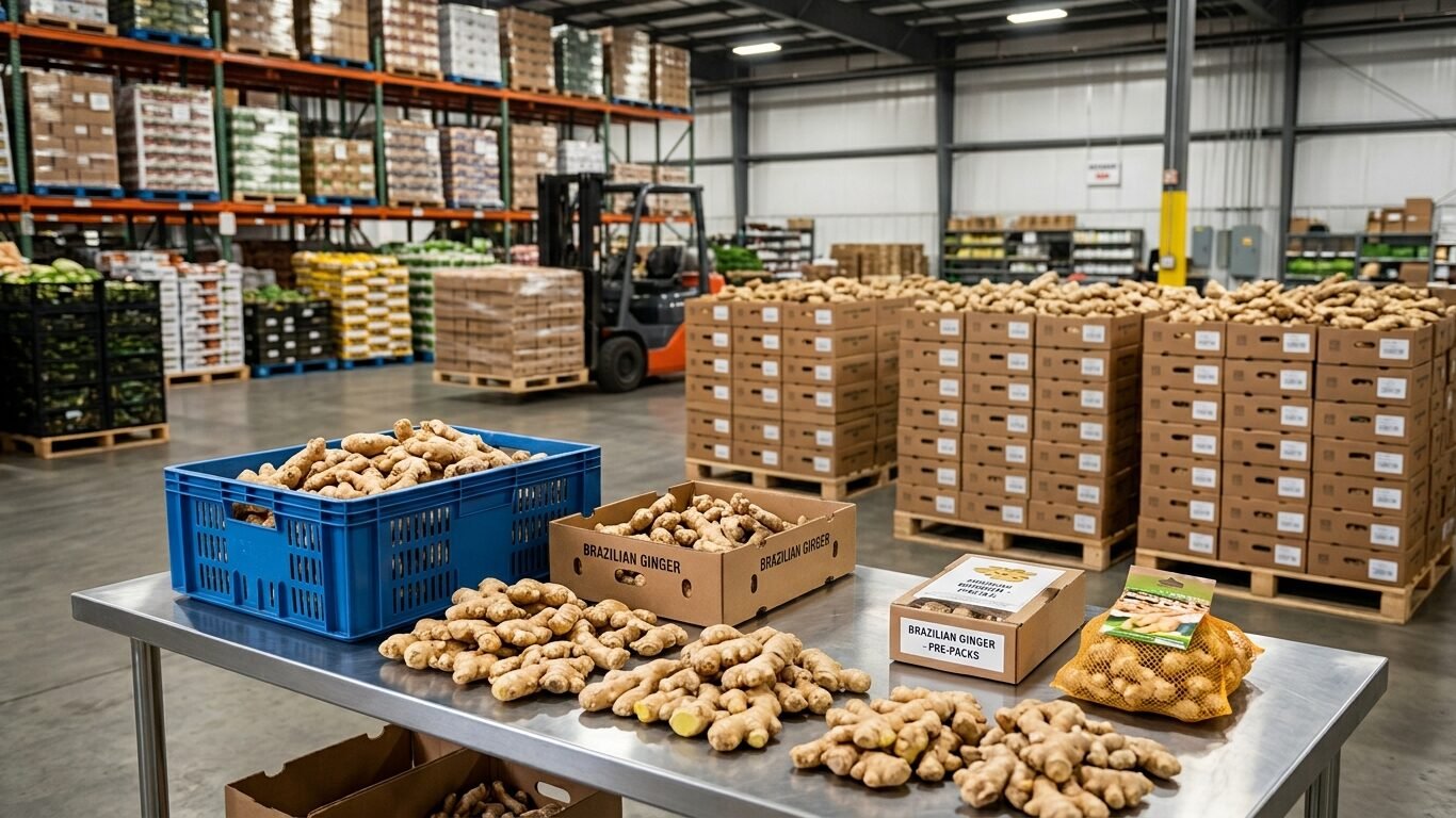 Business buyer evaluating fresh ginger from Brazilian Ginger Wholesalers in Orlando, FL for commercial orders