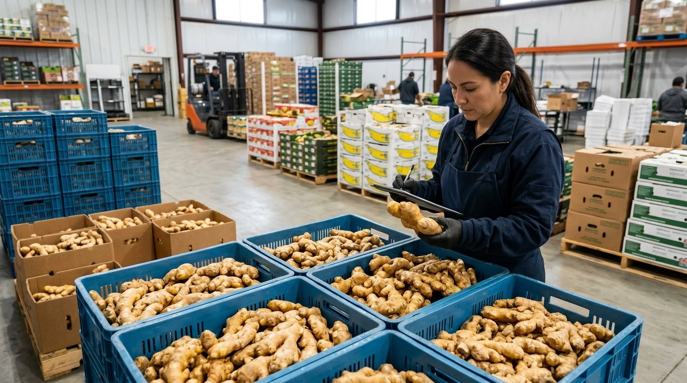 Fresh Brazilian ginger inspected by Brazilian Ginger Wholesalers in Orlando, FL in a commercial produce warehouse