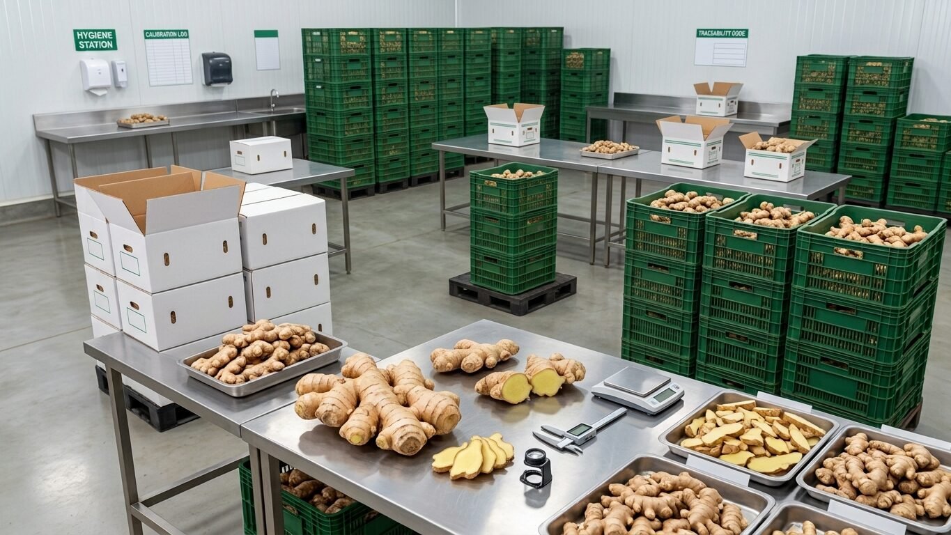 Brazilian ginger wholesale — Quality inspection and packaging of fresh ginger at a Brazilian export facility.