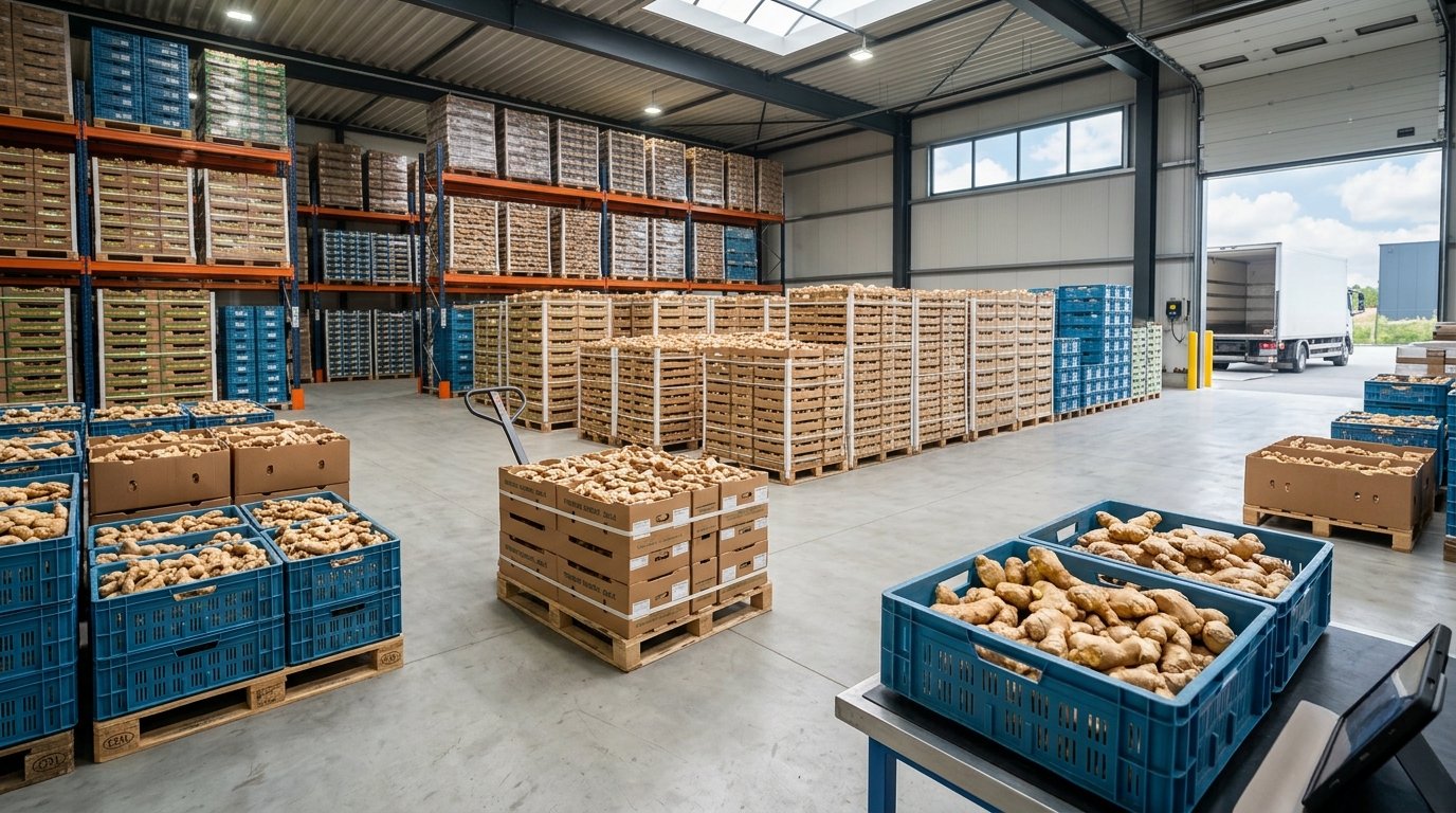 Bulk ginger supplier inspecting fresh ginger in a USA warehouse