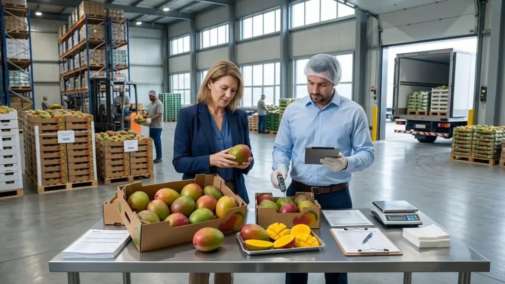 Ordering Brazilian Mangoes for USA wholesale distribution with shipment inspection, ripeness assessment, and quality control.