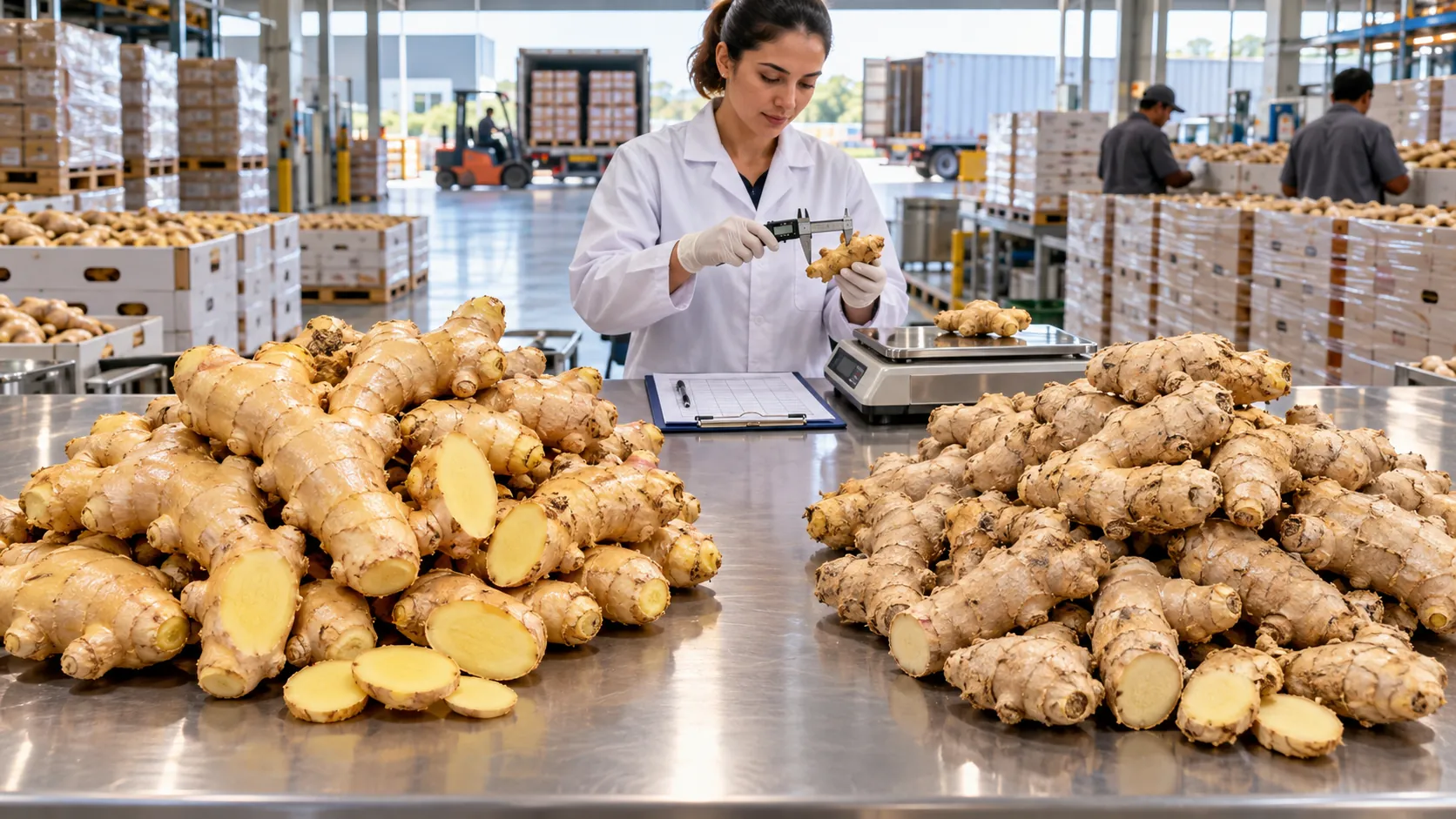 Brazilian Ginger and Chinese Ginger wholesale quality comparison featuring fresh ginger roots and professional product inspection.