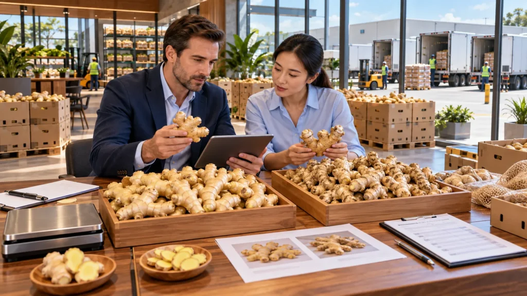 Brazilian Ginger and Chinese Ginger wholesale sourcing consultation with USA importers comparing ginger samples and supplier specifications.