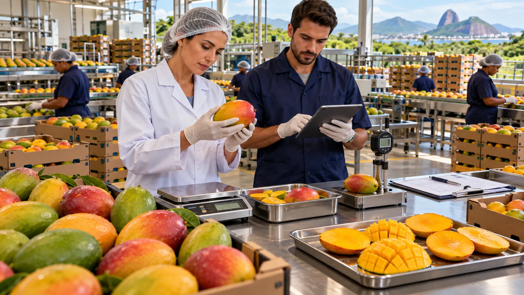 Ordering Brazilian Mangoes with professional quality inspection, freshness checks, and fruit grading at a wholesale facility.
