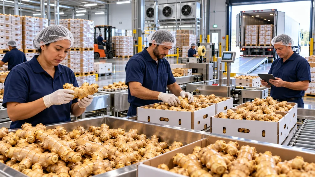 Brazilian Ginger and Chinese Ginger wholesale packaging process with fresh ginger cartons, quality inspection, and export preparation.